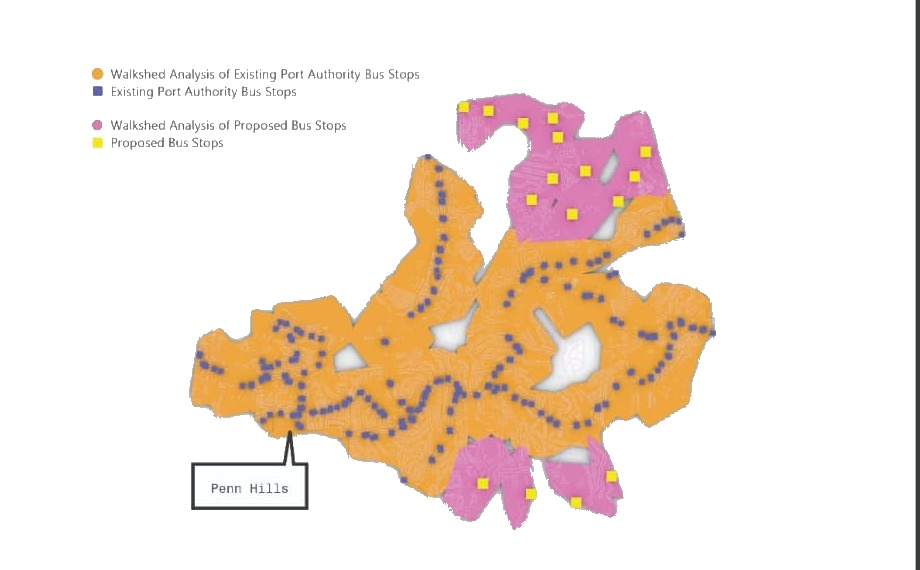Walkshed analysis comparing existing and proposed bus routes
