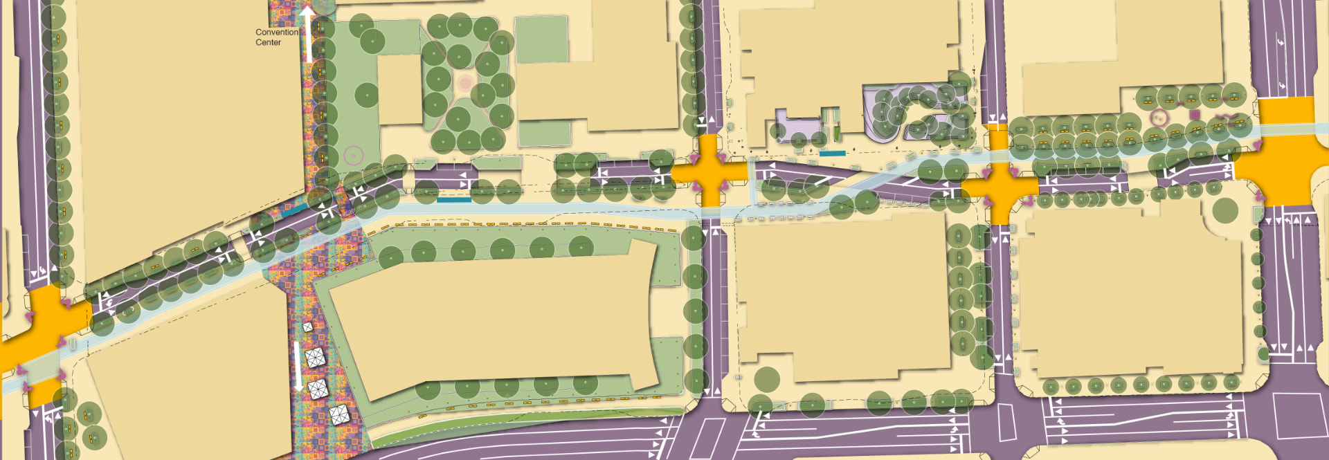 Colour street plan showing sidewalks, planting, crossings and travel lanes