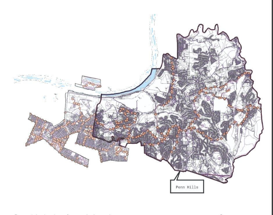 Existing Port Authority bus stop locations across Penn Hills
