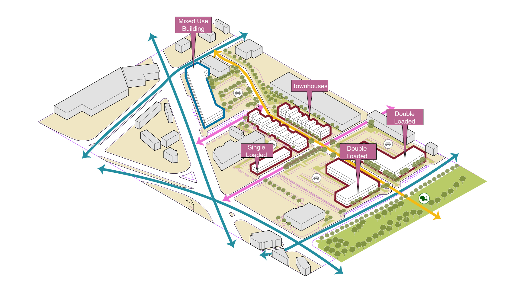 Master plan drawing showing blocks, open space and movement network