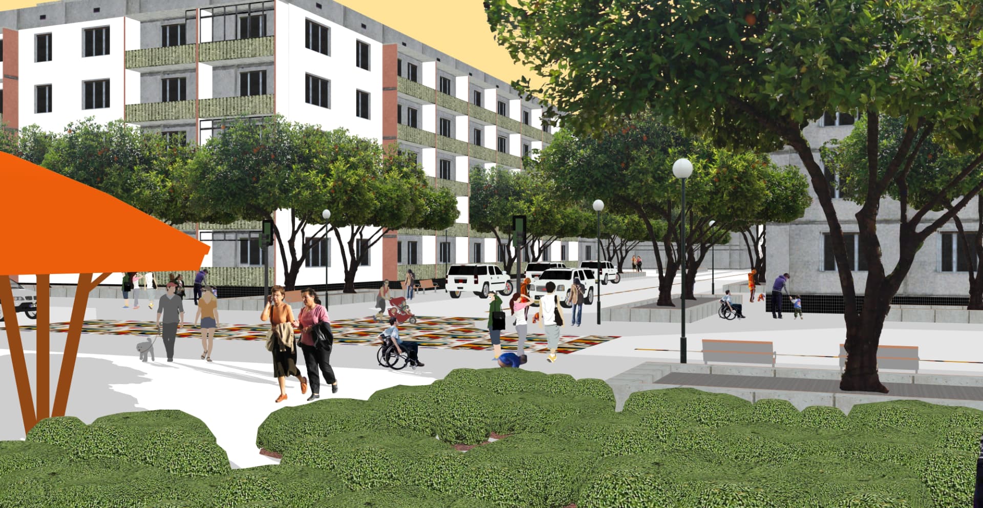 Street-level view of a shaded, people-first plaza and sidewalk